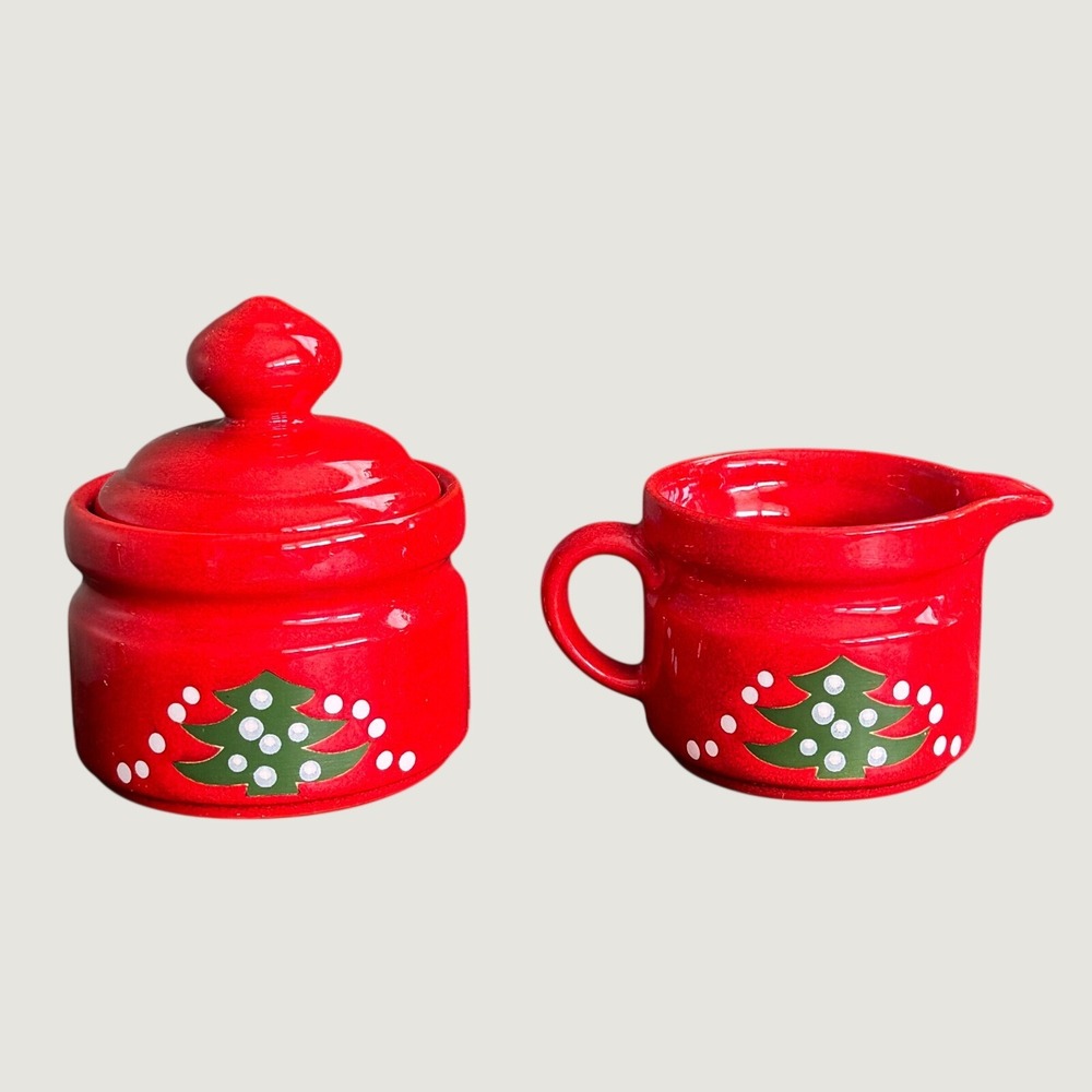 Vintage Wächtersbach Red Christmas Tree Cream and Sugar Set West Germany